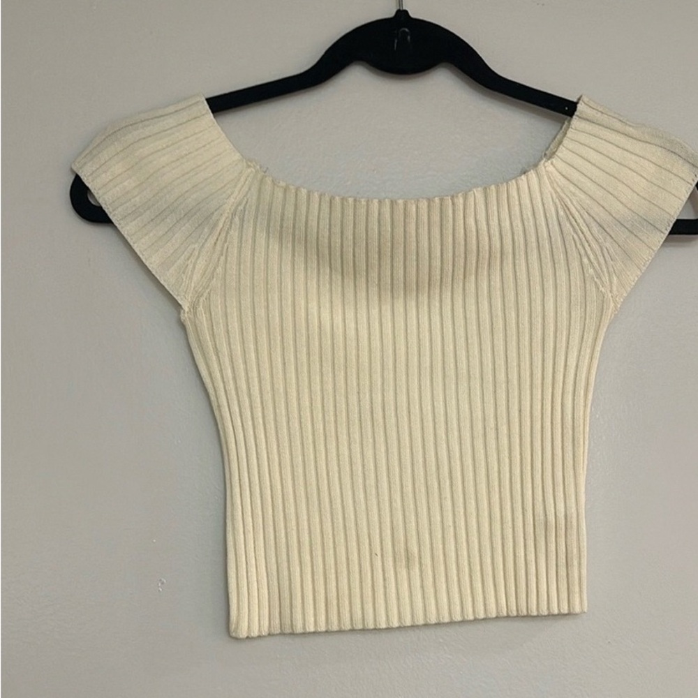 Cream Ribbed Off-Shoulder Crop Top